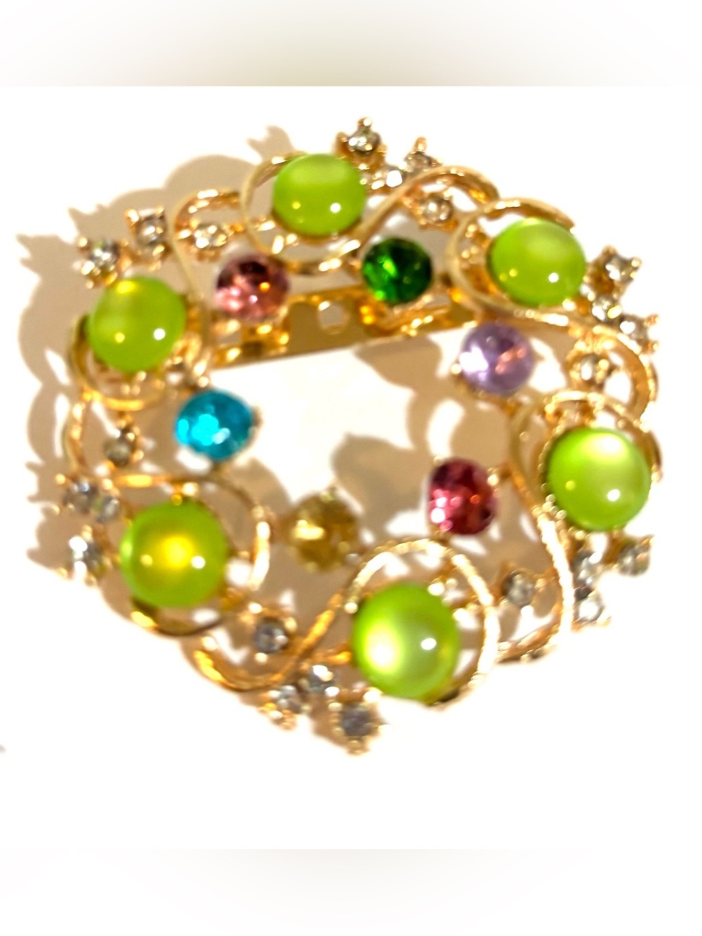 Fashion Jewelry Gold-Tone Wreath Brooch with Lime Green and Multicolored Gems